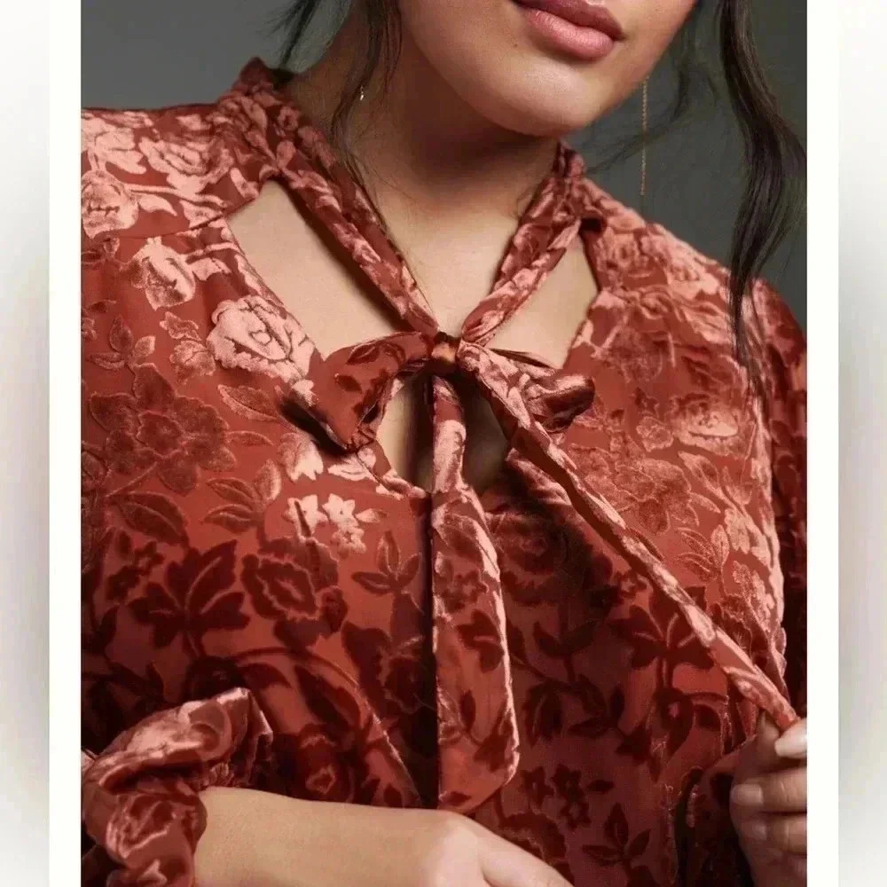 Anthropologie Burnout‎ Velvet Tie-Neck Oversized Blouse whimsiGoth Peplum Sz S